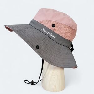 Sun Shade Pink Gray Wide Brim Sun Shade Hat with Ponytail Hole Outdoors
